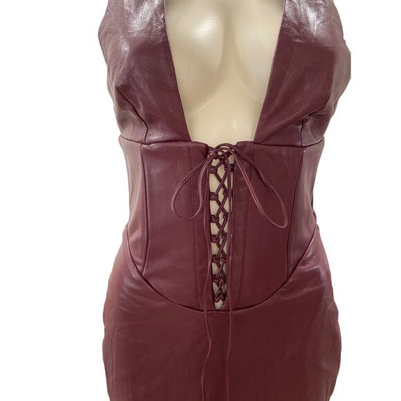 HOUSE OF CB Jaquetta Wine Vegan Leather Halter Lace Up Midi Dress - Picture 4 of 8
